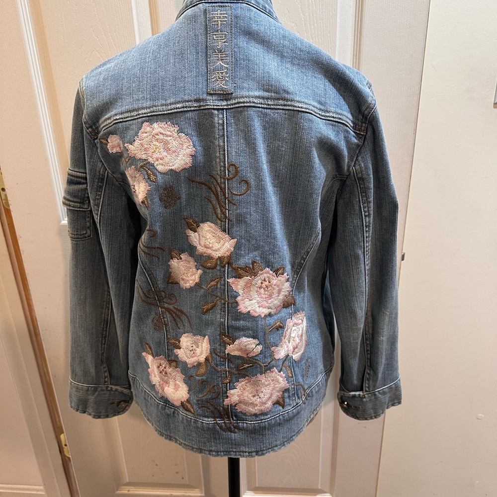 Chico's Blue Jean Jacket with Pink Floral Embroidery